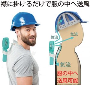 空調服にも使えるえりかけ扇風機 BodyFan は服の襟に携帯扇風機をかけて服の中へ送風できる熱中症対策研究所の特許技術です