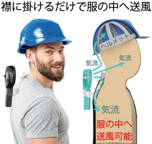 空調服にも使えるえりかけ扇風機 BodyFan は服の襟に携帯扇風機をかけて服の中へ送風できる熱中症対策研究所の特許技術です