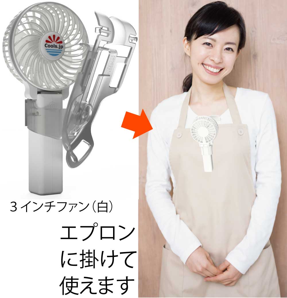 えりかけ扇風機 BodyFan は服の襟やエプロンに携帯扇風機をかけて服やエプロンの中へ送風できる熱中症対策研究所の特許技術です