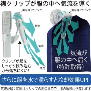 空調服にも使えるえりかけ扇風機 BodyFan は服の襟に携帯扇風機をかけて服の中へ送風できる熱中症対策研究所の特許技術です