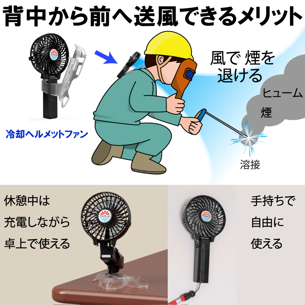 えりかけ扇風機 BodyFan を首の後ろに掛けて前に向けて送風することで、涼しくする（熱中症対策効果）と、煙やヒュームを退ける（労災対策効果）の２つの効果が期待できます。