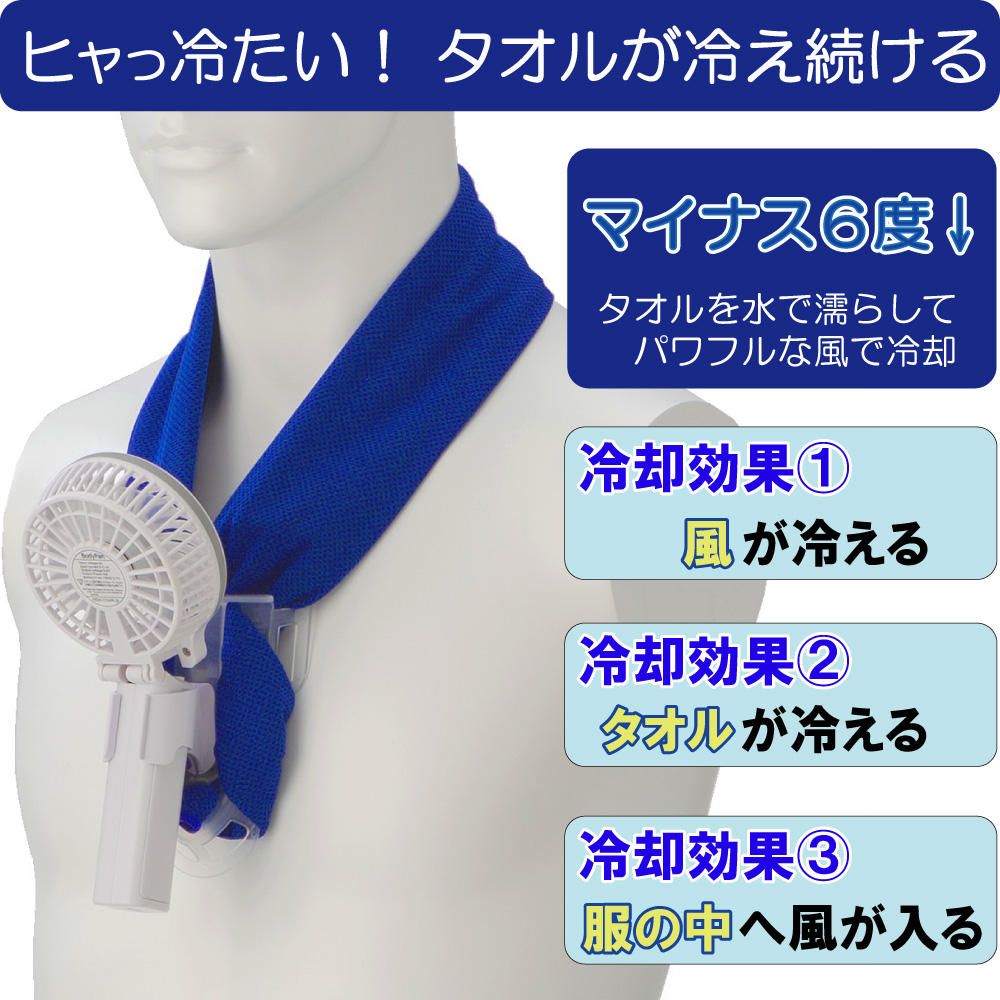 冷却タオルで首に掛ける扇風機「冷却タオルファン」熱中症の応急処置を早期に開始できます