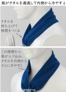 冷却タオルで首に掛ける扇風機「冷却タオルファン」熱中症の応急処置を早期に開始できます