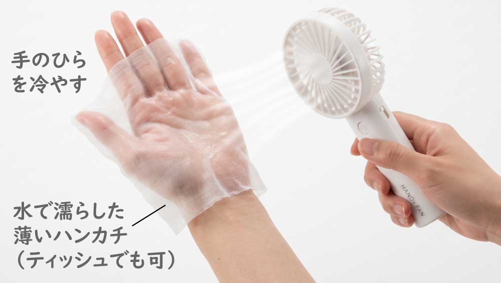 手のひらに水で濡らした布を被せてハンディファンで風を当てて手のひらにあるAVA血管を冷やしている様子
