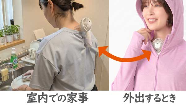 室内ではシャツの背中側にエアシャツ扇風機をつけて、外出時にはUVカットパーカーと一緒に使用している様子