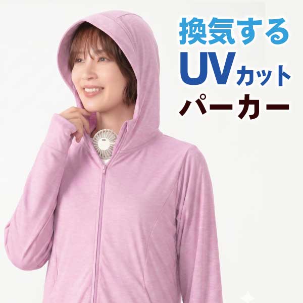 紫外線UVカットサンシェードパーカーの中をエアシャツ扇風機で換気している様子