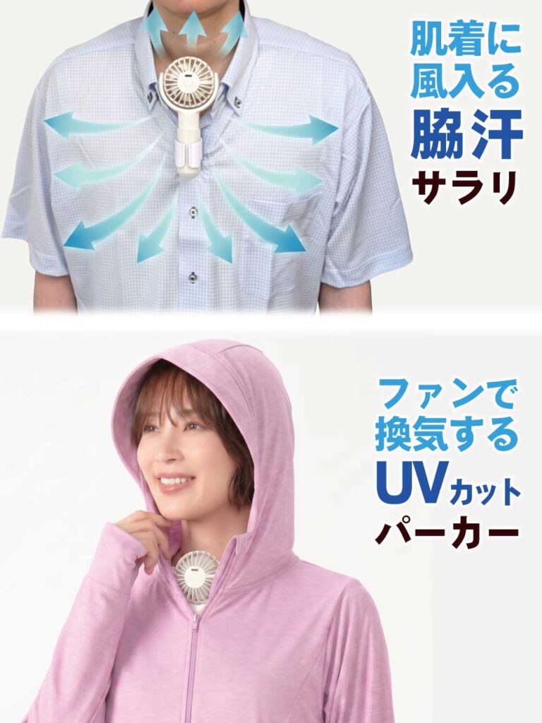 エアシャツ扇風機は首元から肌着の中へ風を送り込んで脇汗を蒸発させ肌をサラリとさせる様子