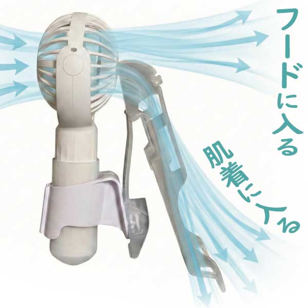 特殊クリップが風を2つに分け、襟元と肌着の中へ導く仕組みの図解