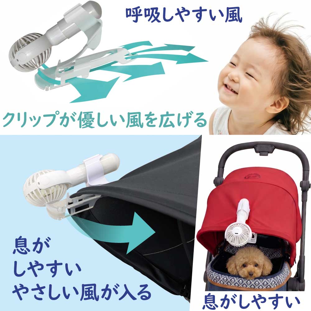 エアシャツ扇風機のクリップには風を導くウイングがついており、クリップで日よけを挟むとベビーカーの中へ風が導かれる様子